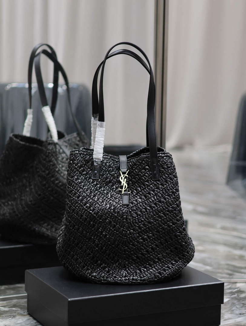 YSL 740375 Panier Medium In Raffia And Vegetable-Tanned Leather Black