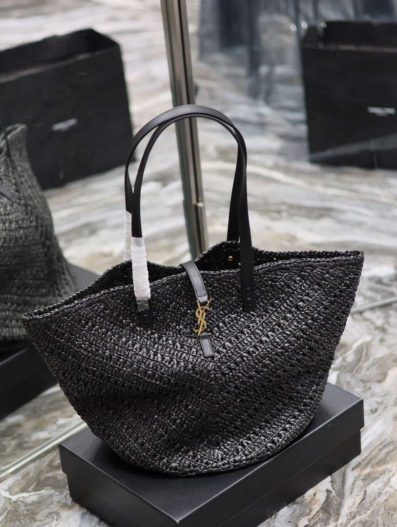 YSL 740375 Panier Medium In Raffia And Vegetable-Tanned Leather Black - Default Title - View 2