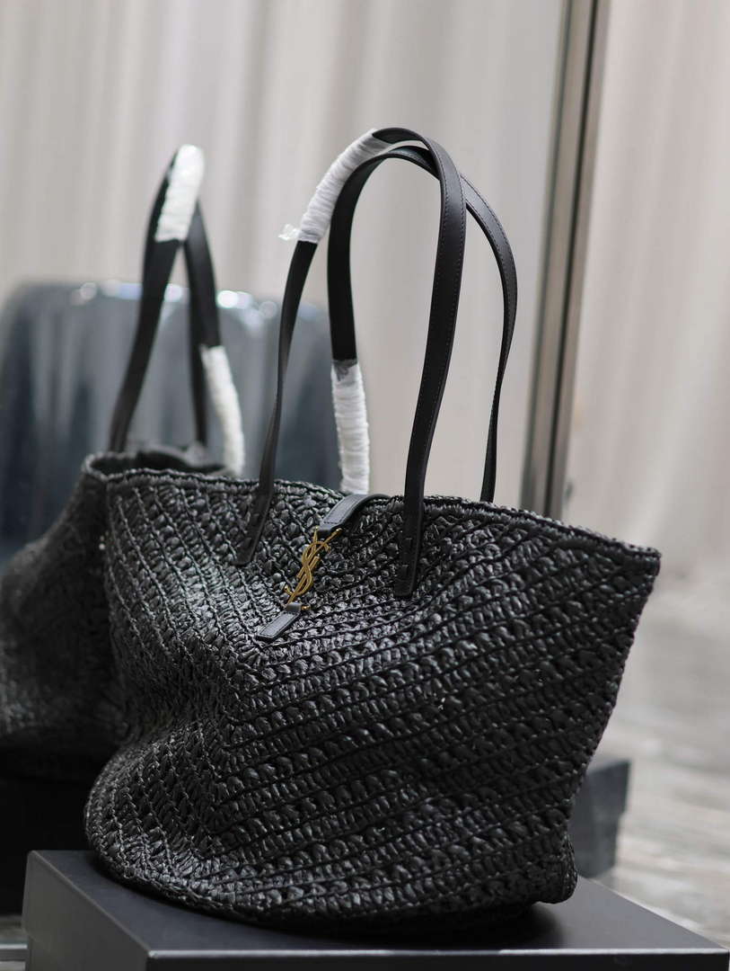 YSL 740375 Panier Medium In Raffia And Vegetable-Tanned Leather Black