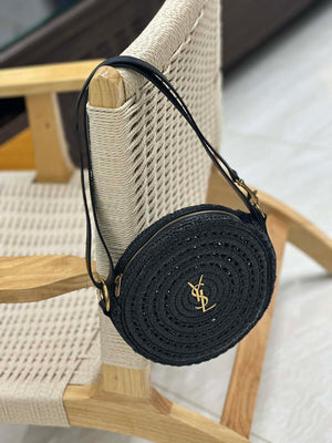 YSL 744292 Saint Laurent Round Bag In Black Raffia And Vegetable-Tanned Leather - Default Title - View 2