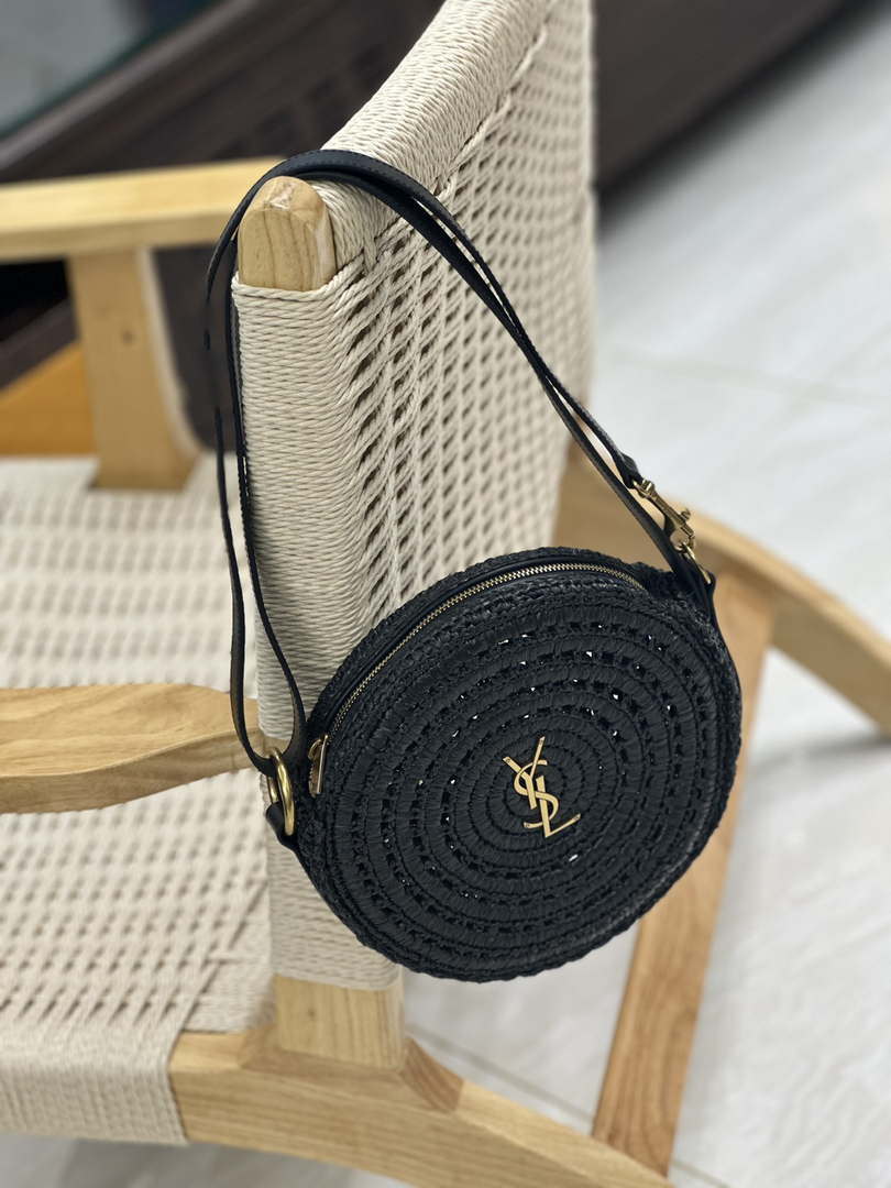 YSL 744292 Saint Laurent Round Bag In Black Raffia And Vegetable-Tanned Leather - Default Title - View 2