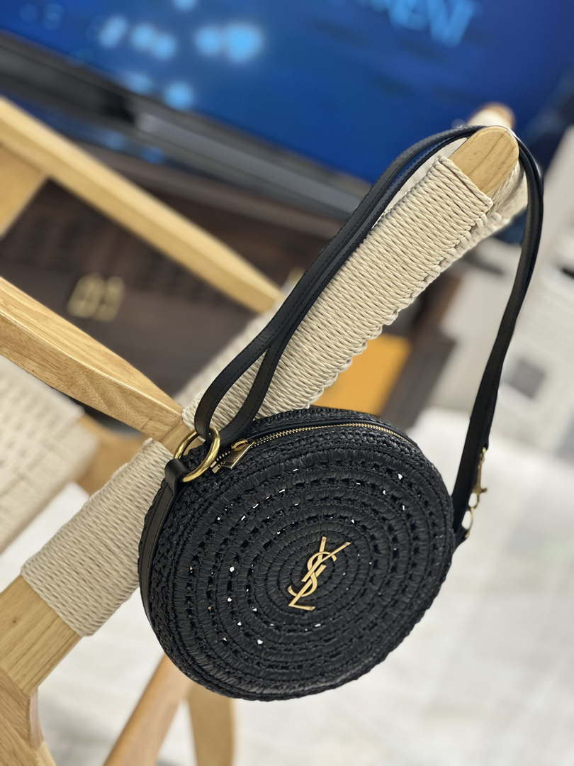 YSL 744292 Saint Laurent Round Bag In Black Raffia And Vegetable-Tanned Leather - Default Title - View 3