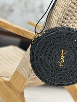 YSL 744292 Saint Laurent Round Bag In Black Raffia And Vegetable-Tanned Leather - Default Title - View 4