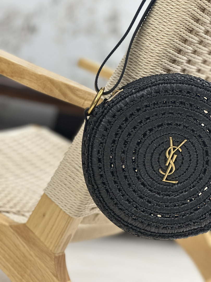 YSL 744292 Saint Laurent Round Bag In Black Raffia And Vegetable-Tanned Leather - Default Title - View 4
