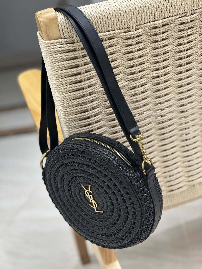 YSL 744292 Saint Laurent Round Bag In Black Raffia And Vegetable-Tanned Leather