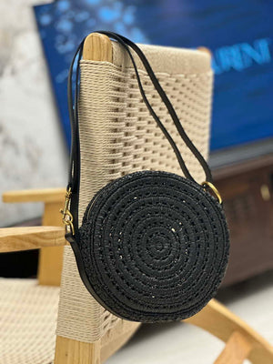 YSL 744292 Saint Laurent Round Bag In Black Raffia And Vegetable-Tanned Leather - Default Title - View 6