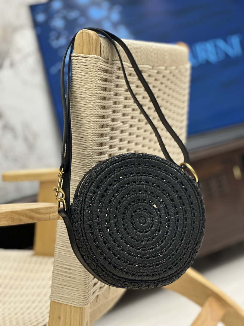 YSL 744292 Saint Laurent Round Bag In Black Raffia And Vegetable-Tanned Leather - Default Title - View 6