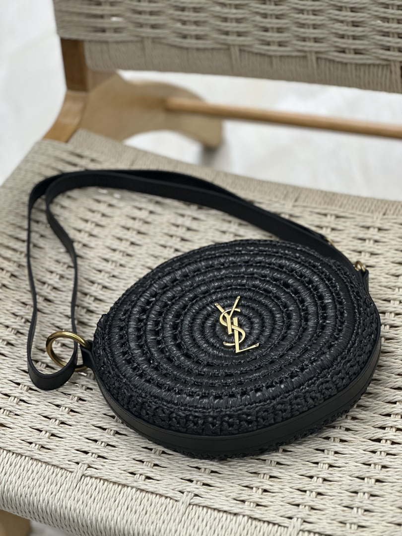YSL 744292 Saint Laurent Round Bag In Black Raffia And Vegetable-Tanned Leather - Default Title - View 7