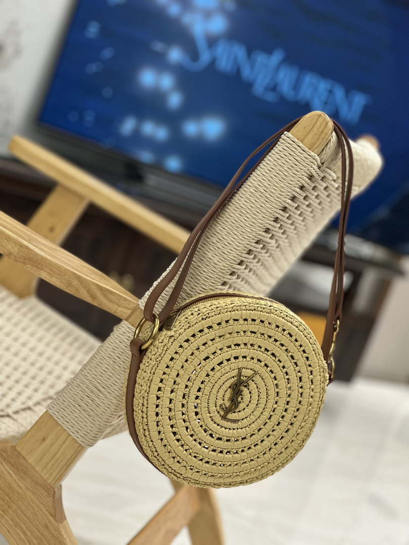 YSL 744292 Saint Laurent Round Bag In Raffia And Vegetable-Tanned Leather - Default Title - View 2