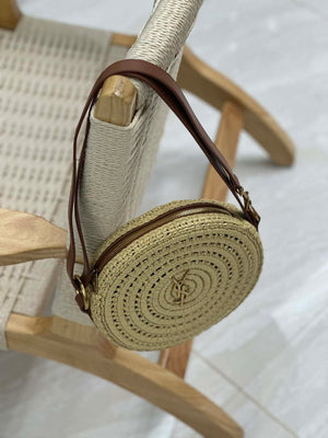 YSL 744292 Saint Laurent Round Bag In Raffia And Vegetable-Tanned Leather - Default Title - View 3