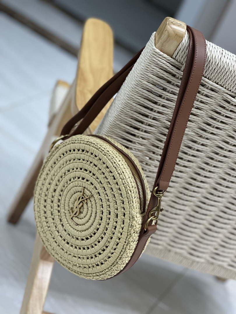 YSL 744292 Saint Laurent Round Bag In Raffia And Vegetable-Tanned Leather - Default Title - View 5