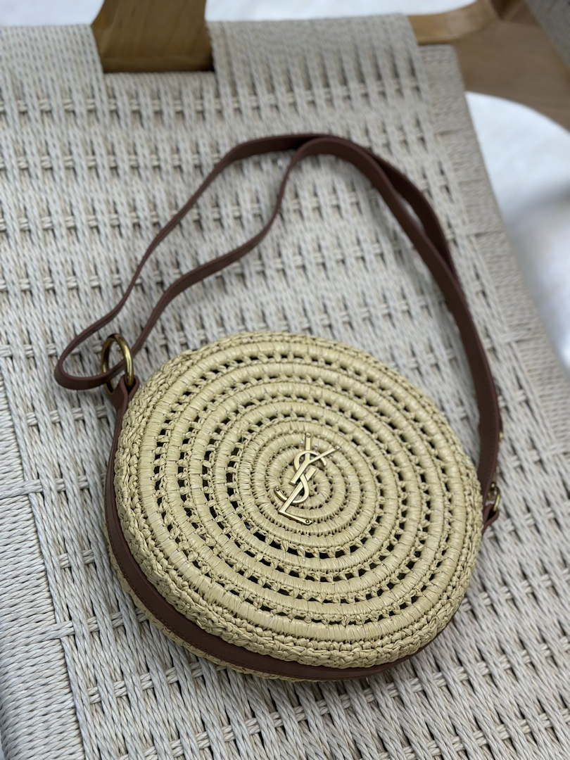 YSL 744292 Saint Laurent Round Bag In Raffia And Vegetable-Tanned Leather