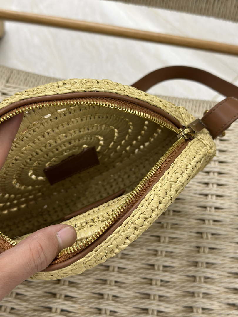 YSL 744292 Saint Laurent Round Bag In Raffia And Vegetable-Tanned Leather