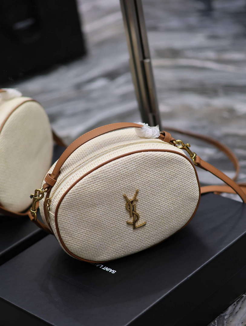 YSL 744579 Camera Bag In Raffia And Vegetable-Tanned Leather