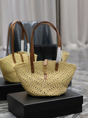 YSL 751240 Panier Small In Raffia And Vegetable-Tanned Leather Apricot - Default Title - View 1