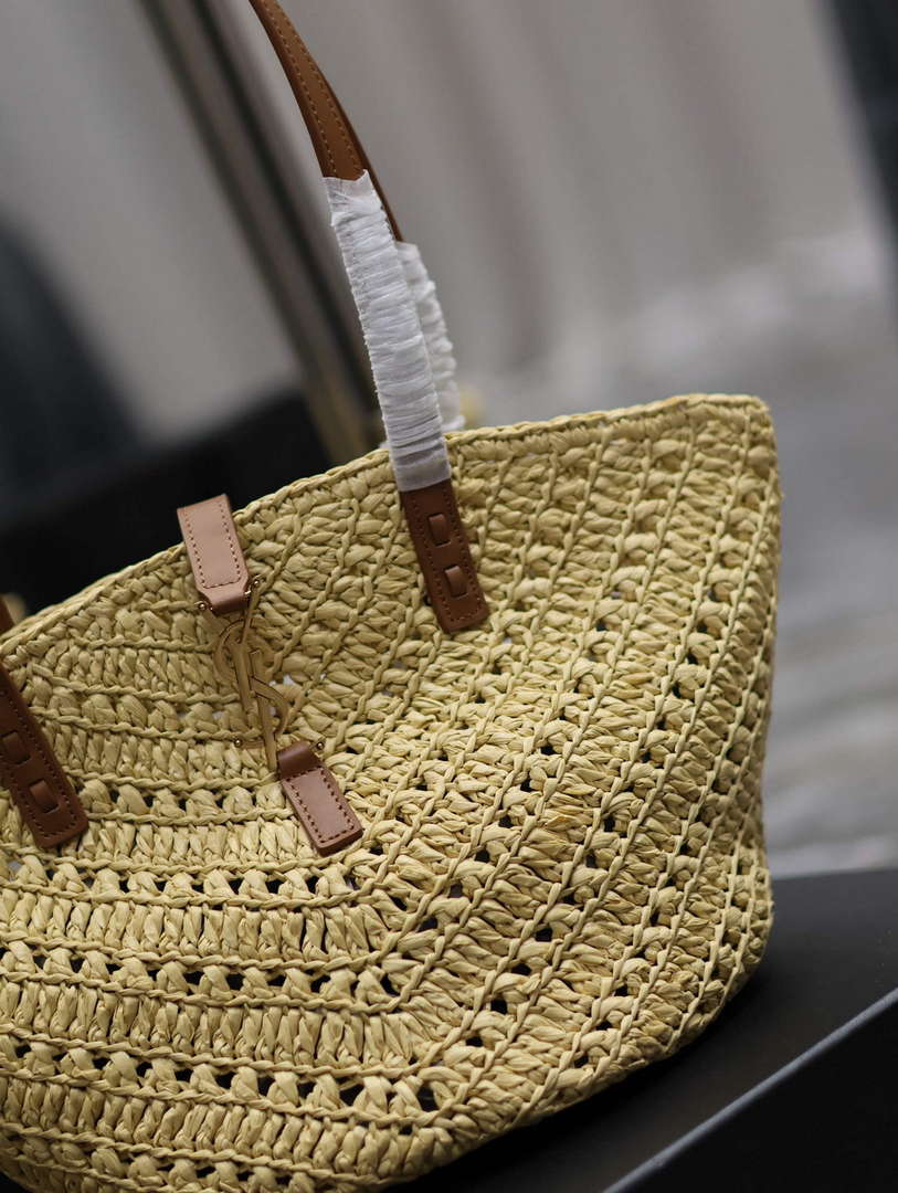 YSL 751240 Panier Small In Raffia And Vegetable-Tanned Leather Apricot