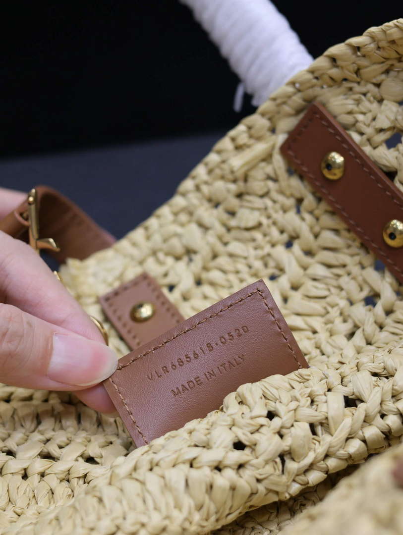 YSL 751240 Panier Small In Raffia And Vegetable-Tanned Leather Apricot