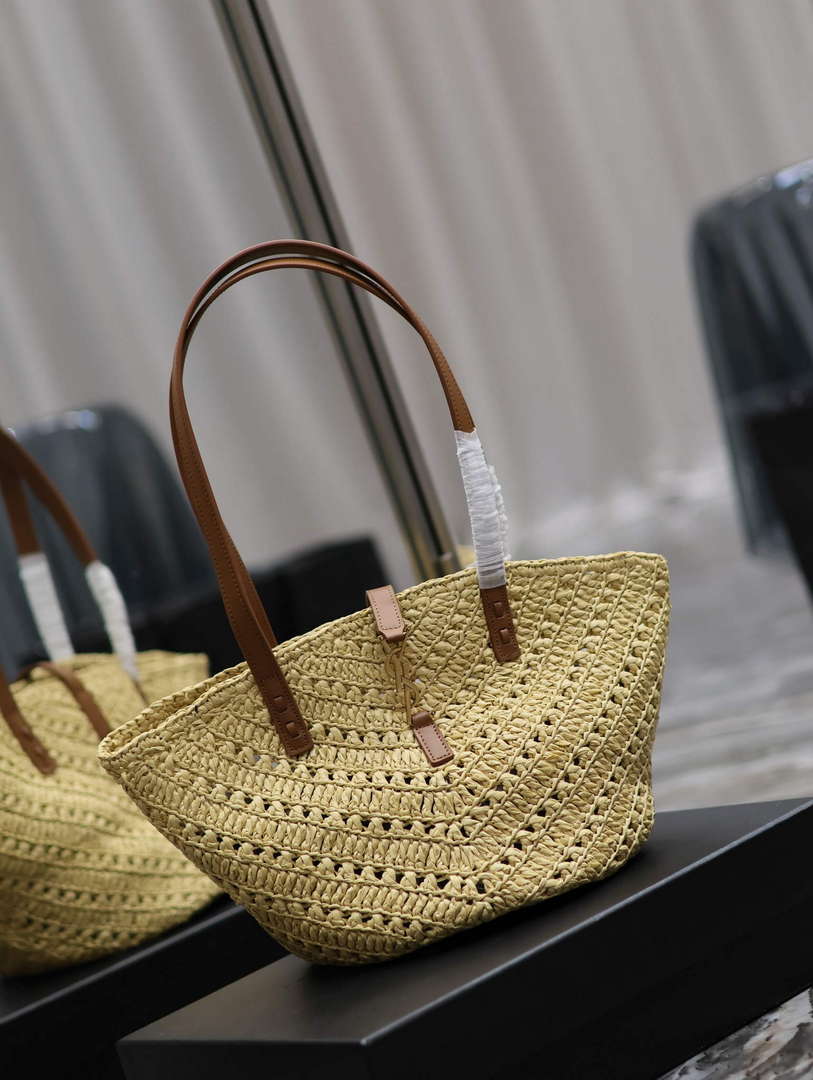 YSL 751240 Panier Small In Raffia And Vegetable-Tanned Leather Apricot - Default Title - View 2