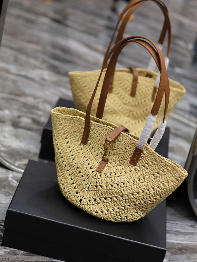 YSL 751240 Panier Small In Raffia And Vegetable-Tanned Leather Apricot