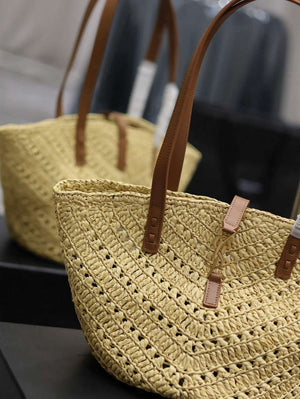 YSL 751240 Panier Small In Raffia And Vegetable-Tanned Leather Apricot - Default Title - View 4
