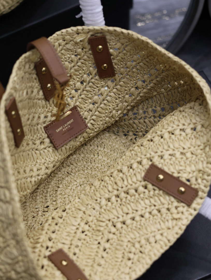 YSL 751240 Panier Small In Raffia And Vegetable-Tanned Leather Apricot - Default Title - View 5