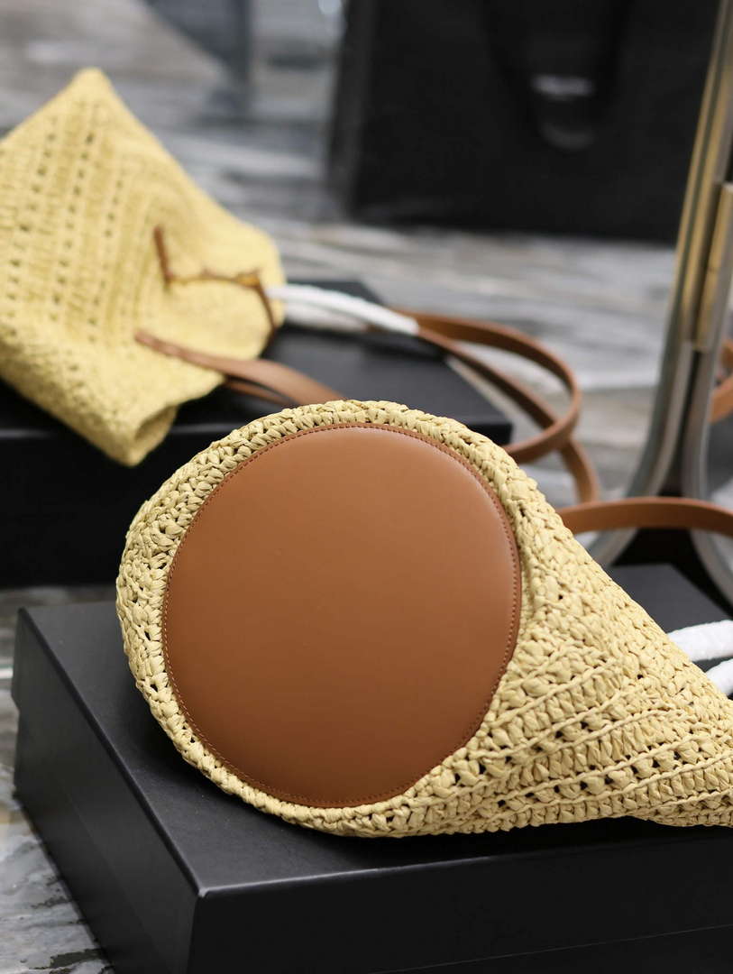 YSL 751240 Panier Small In Raffia And Vegetable-Tanned Leather Apricot