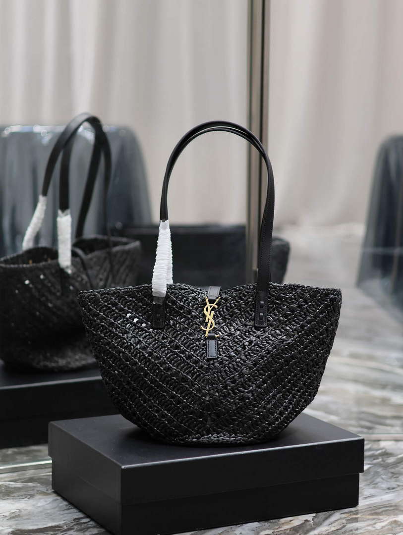 YSL 751240 Panier Small In Raffia And Vegetable-Tanned Leather Black - Default Title - View 1