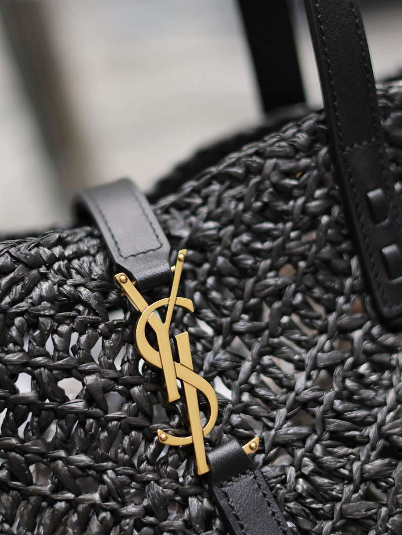 YSL 751240 Panier Small In Raffia And Vegetable-Tanned Leather Black