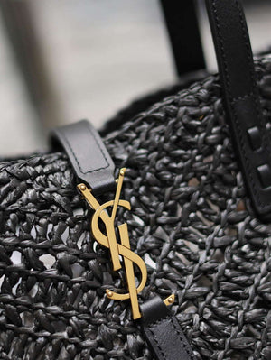 YSL 751240 Panier Small In Raffia And Vegetable-Tanned Leather Black - Default Title - View 7