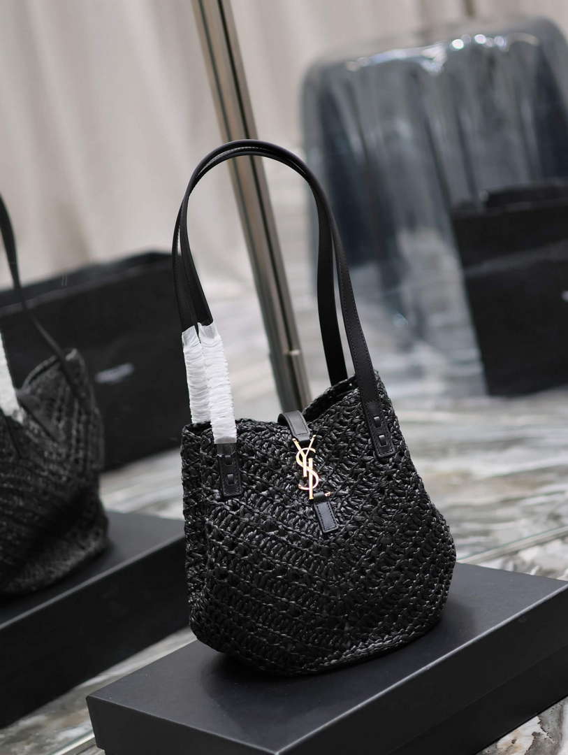 YSL 751240 Panier Small In Raffia And Vegetable-Tanned Leather Black - Default Title - View 10