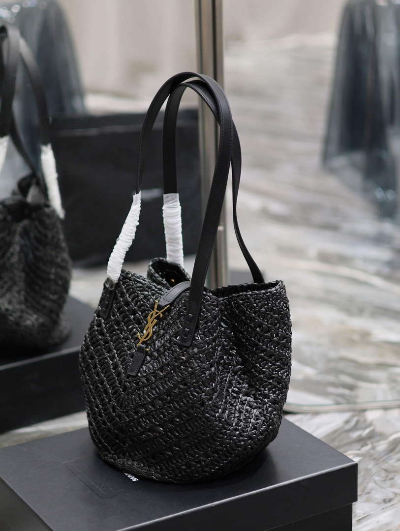 YSL 751240 Panier Small In Raffia And Vegetable-Tanned Leather Black