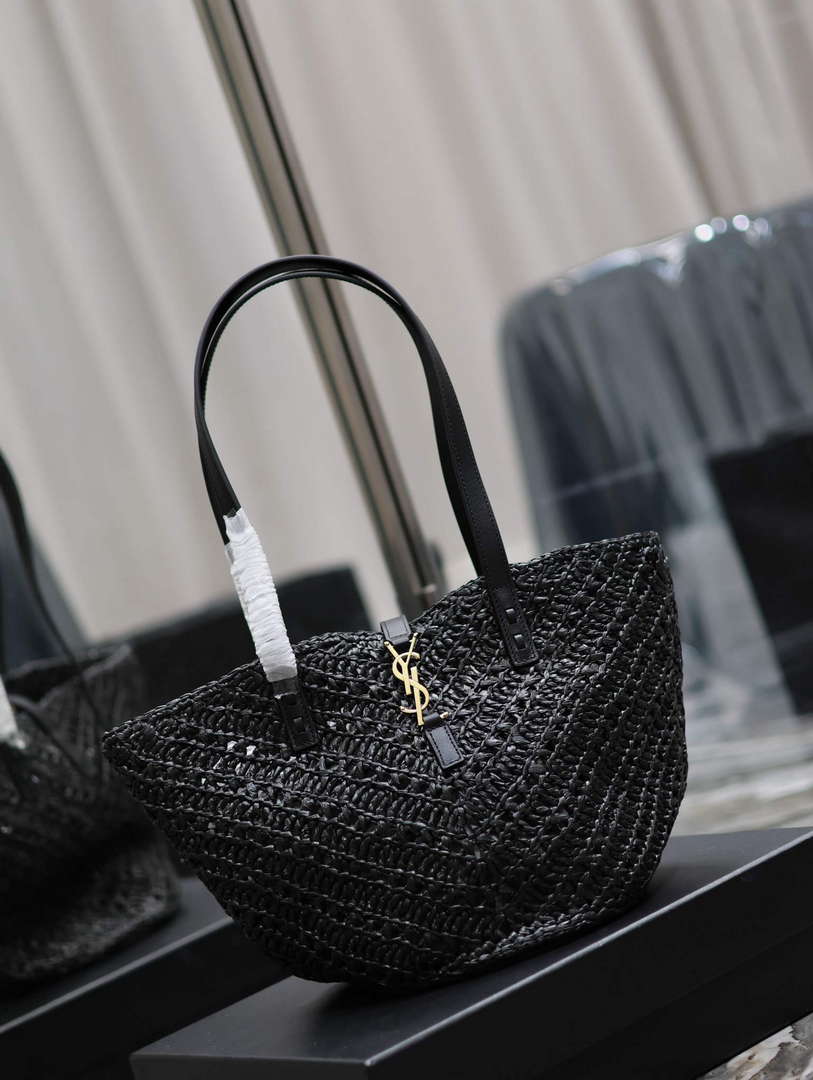 YSL 751240 Panier Small In Raffia And Vegetable-Tanned Leather Black