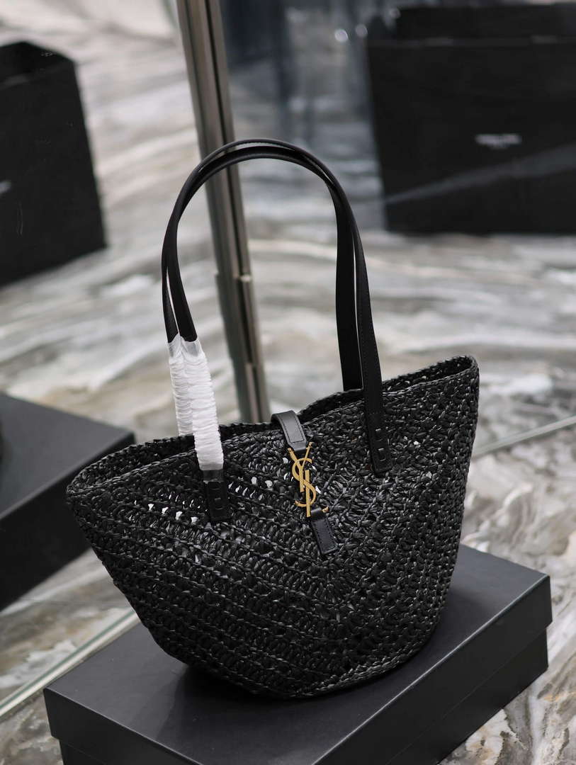 YSL 751240 Panier Small In Raffia And Vegetable-Tanned Leather Black