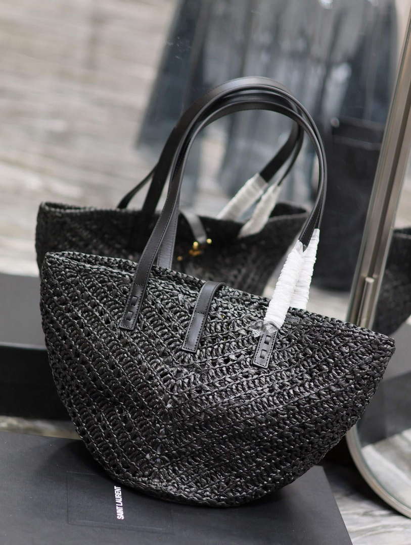 YSL 751240 Panier Small In Raffia And Vegetable-Tanned Leather Black