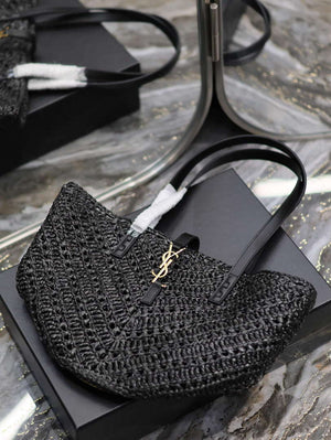 YSL 751240 Panier Small In Raffia And Vegetable-Tanned Leather Black - Default Title - View 6