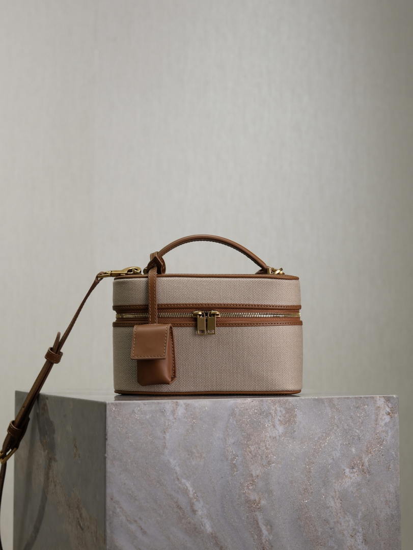 YSL 766731 GABY vanity bag in lambskin Earthy yellow cowhide paired with cotton and linen