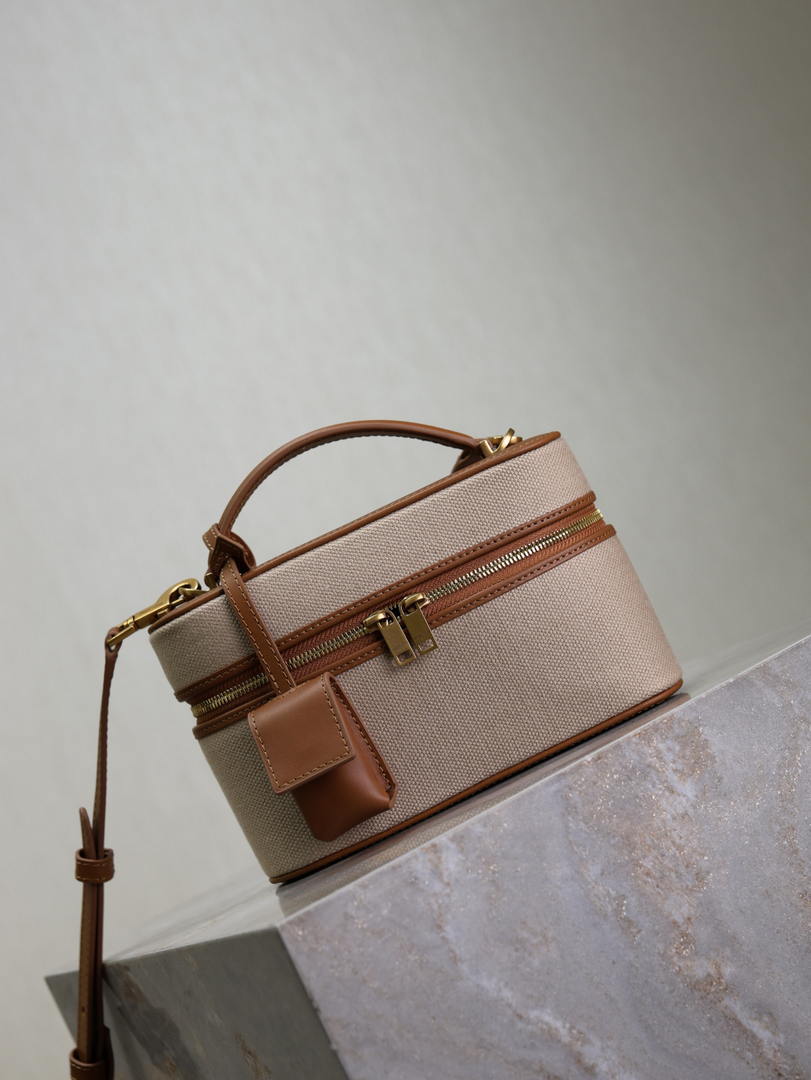 YSL 766731 GABY vanity bag in lambskin Earthy yellow cowhide paired with cotton and linen