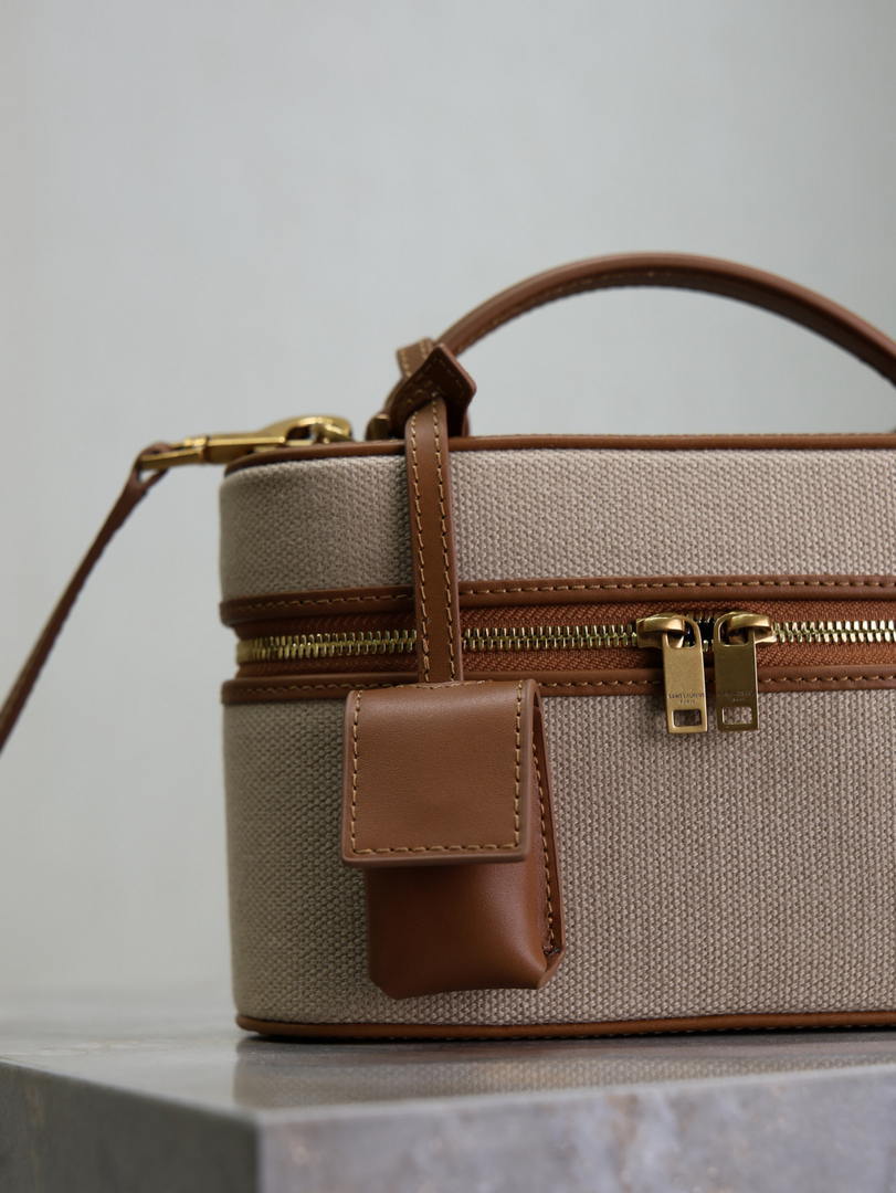 YSL 766731 GABY vanity bag in lambskin Earthy yellow cowhide paired with cotton and linen