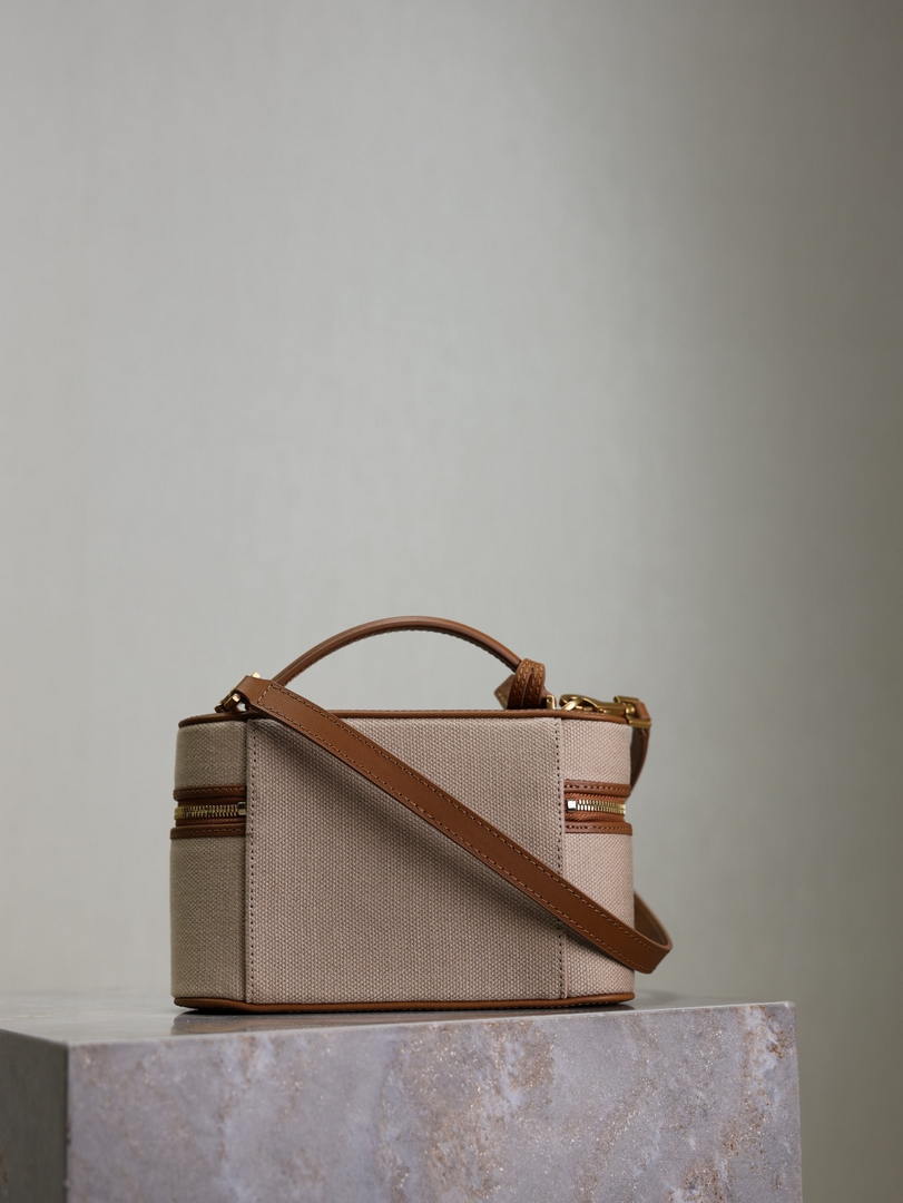 YSL 766731 GABY vanity bag in lambskin Earthy yellow cowhide paired with cotton and linen