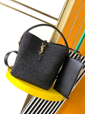 YSL 773991 LE 37 in woven raffia and vegetable-tanned leather Black - Default Title - View 1