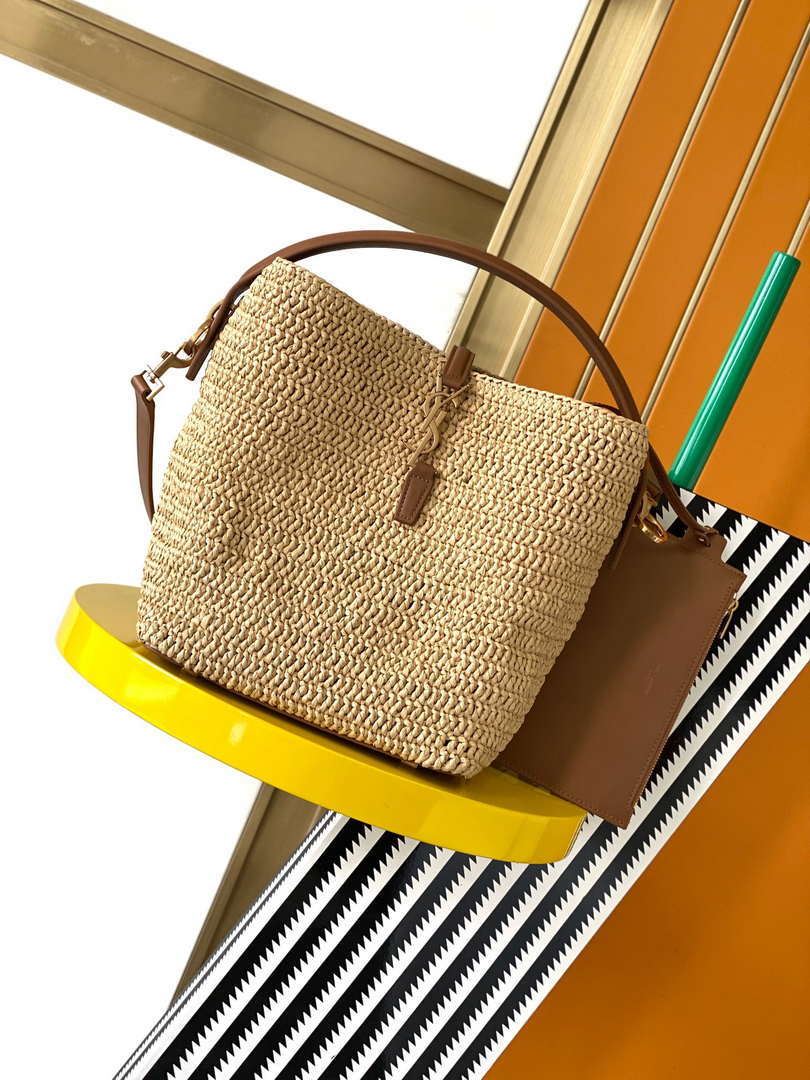 YSL 773991 LE 37 in woven raffia and vegetable-tanned leather Naturel - Default Title - View 1