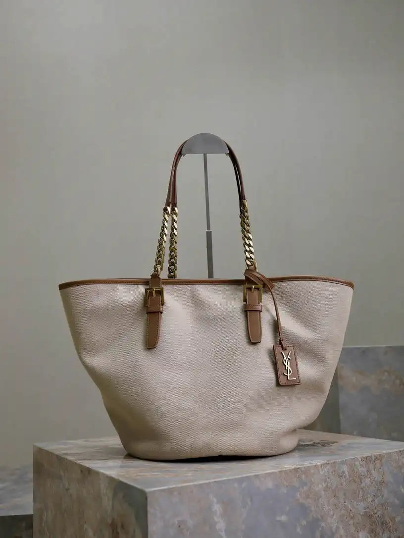 YSL 791303 Laurent Cabas Bag Bucket Bag Beige canvas