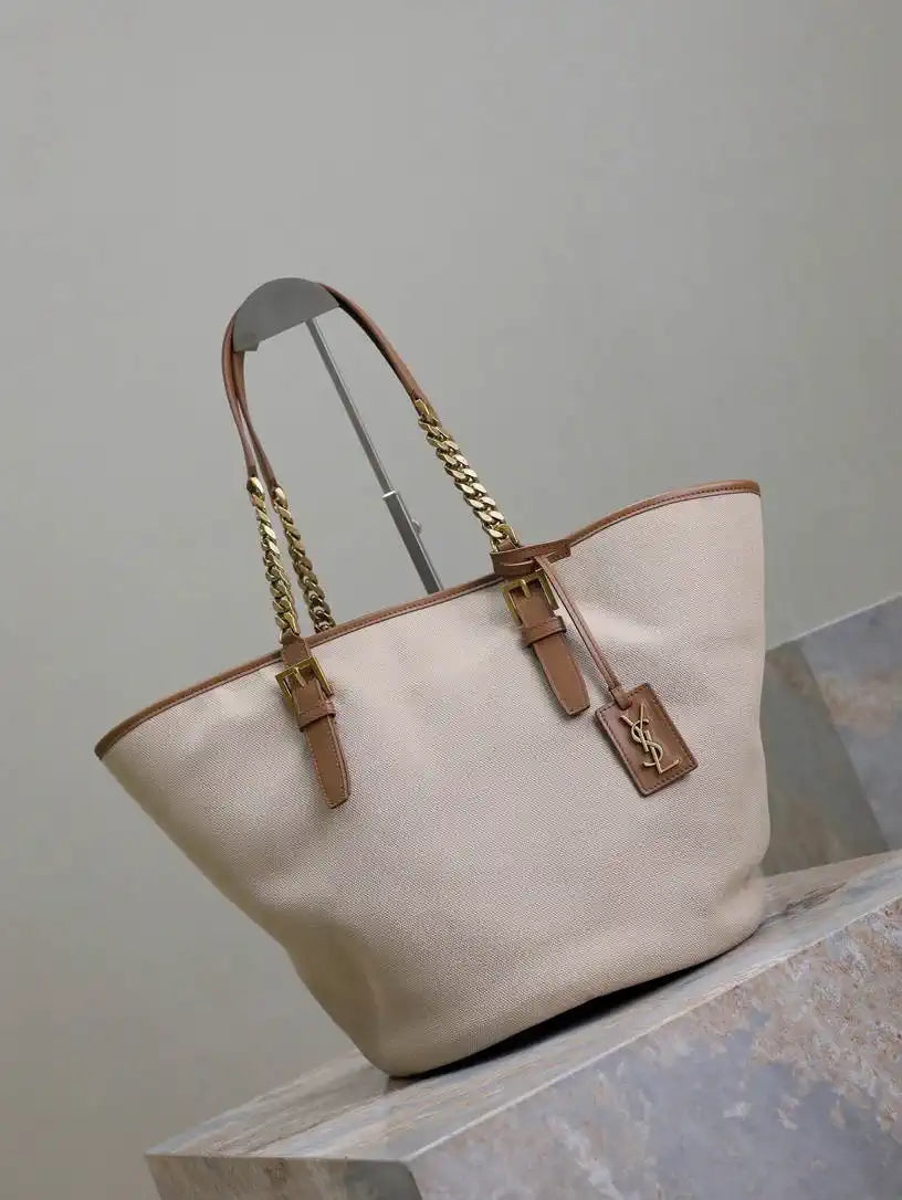 YSL 791303 Laurent Cabas Bag Bucket Bag Beige canvas