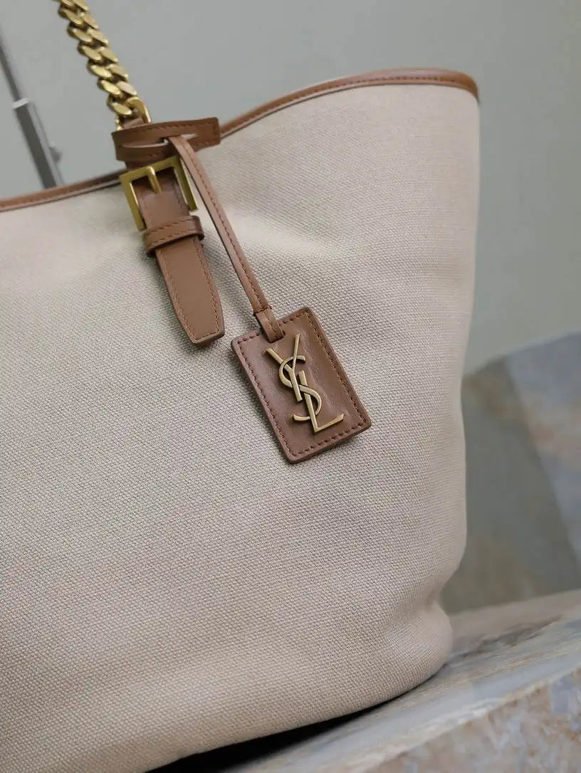 YSL 791303 Laurent Cabas Bag Bucket Bag Beige canvas