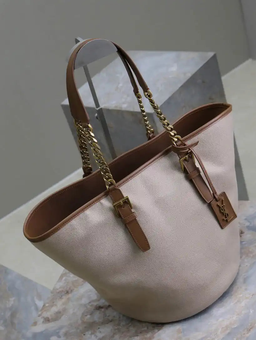 YSL 791303 Laurent Cabas Bag Bucket Bag Beige canvas