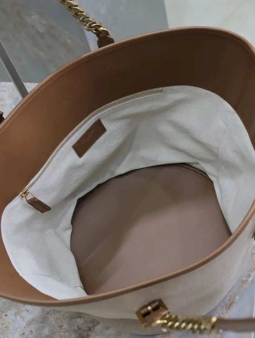 YSL 791303 Laurent Cabas Bag Bucket Bag Beige canvas