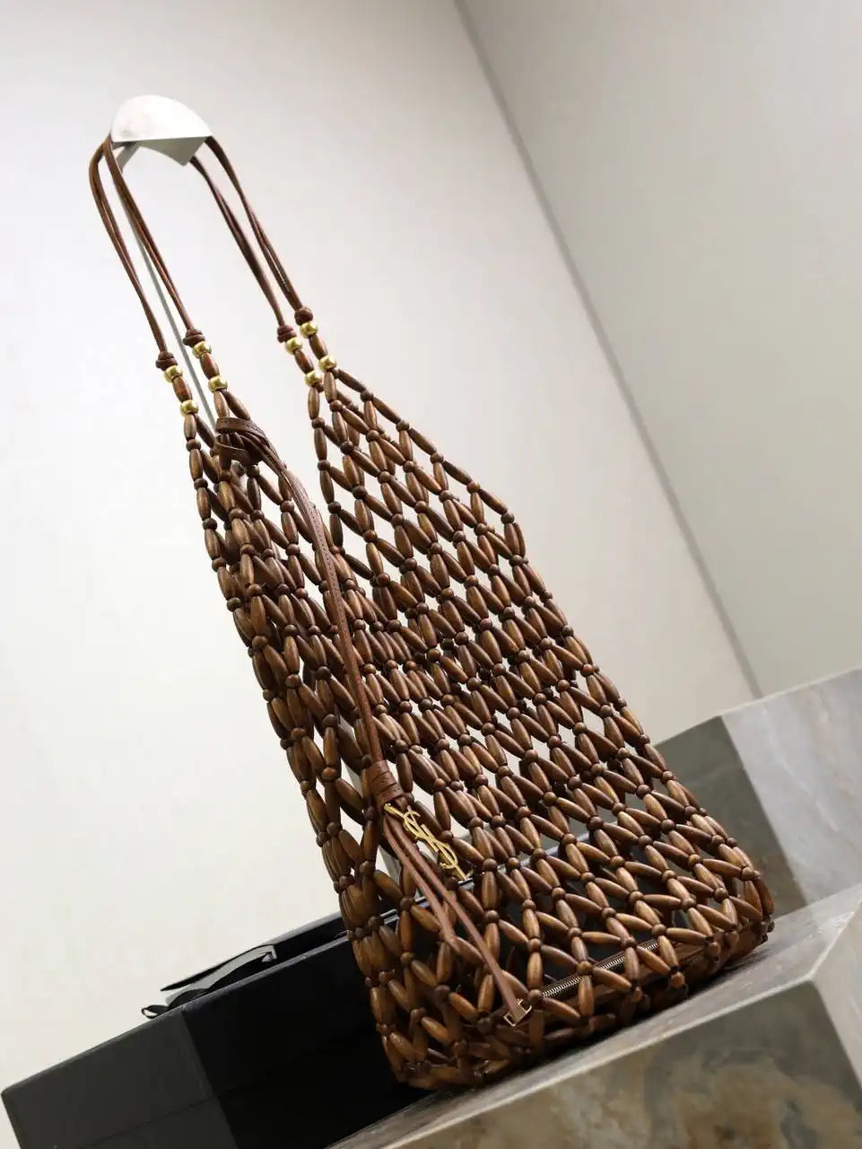 YSL 821911 supple bucket in wood beads LIGHT WOOD