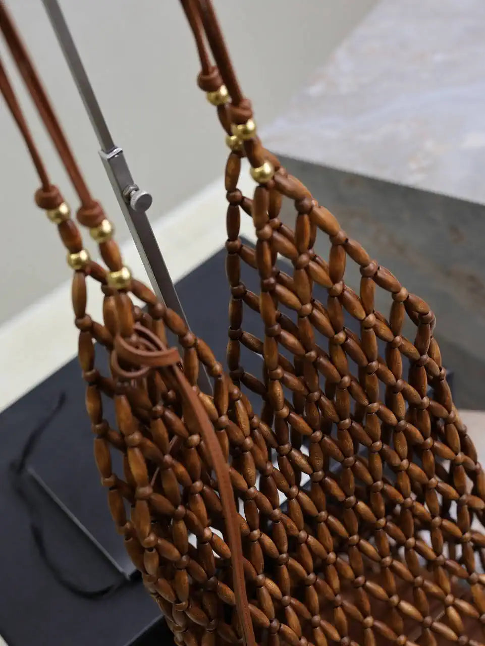 YSL 821911 supple bucket in wood beads LIGHT WOOD