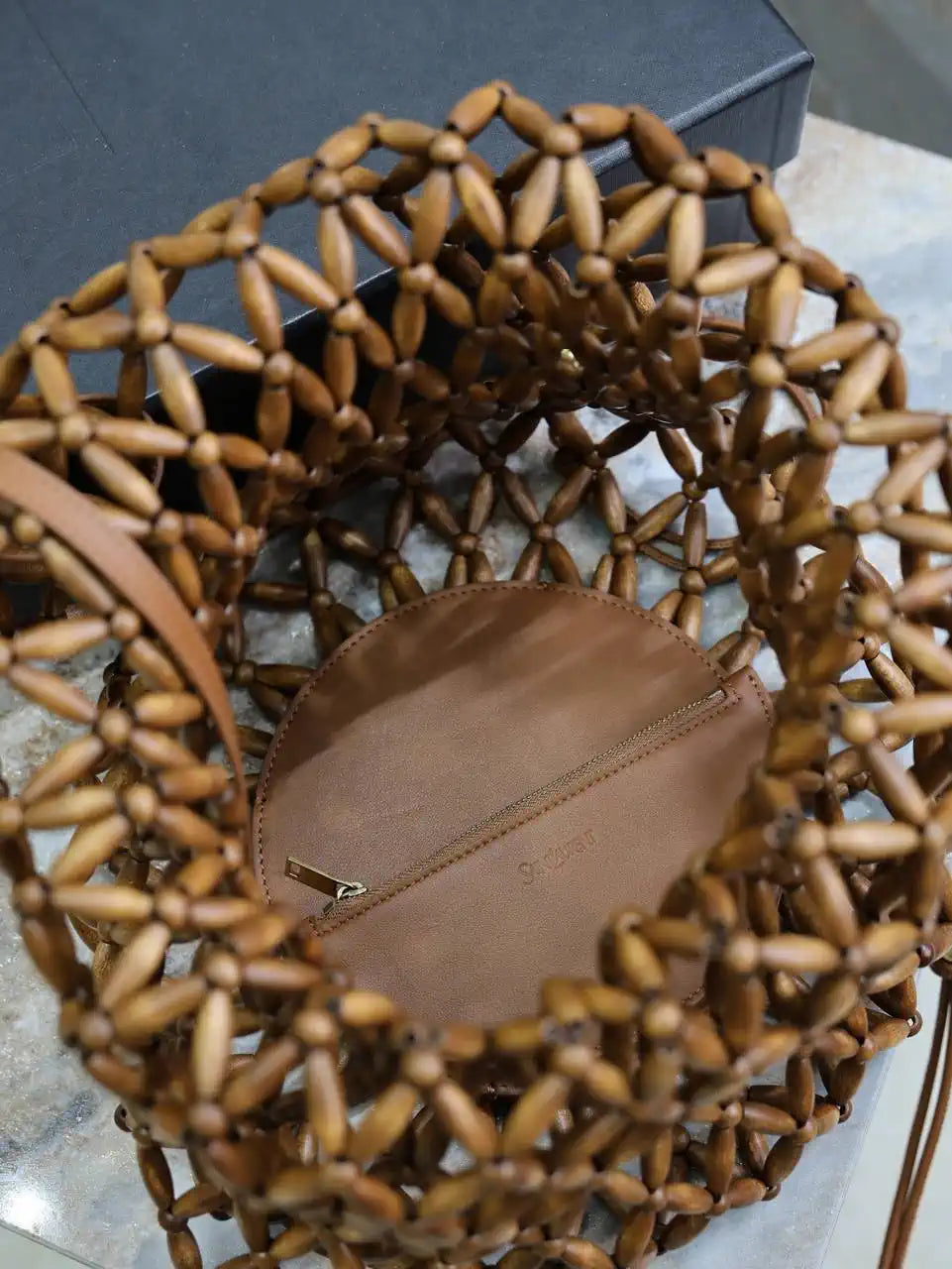 YSL 821911 supple bucket in wood beads LIGHT WOOD