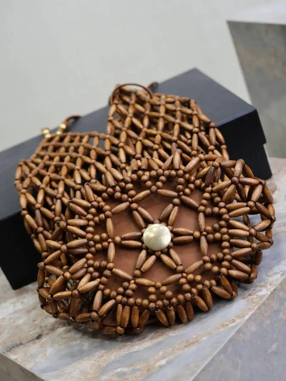 YSL 821911 supple bucket in wood beads LIGHT WOOD
